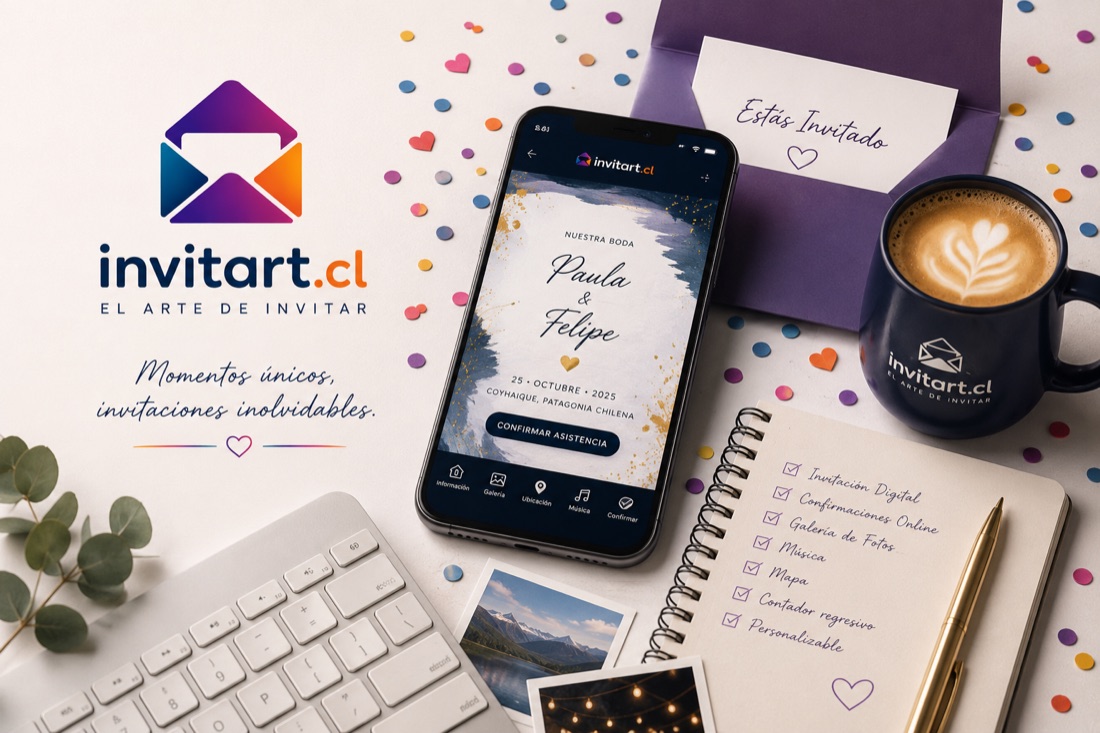 Invitación digital de boda de Invitart mostrada en un celular, junto a un sobre físico y una taza con el logo de invitart.cl