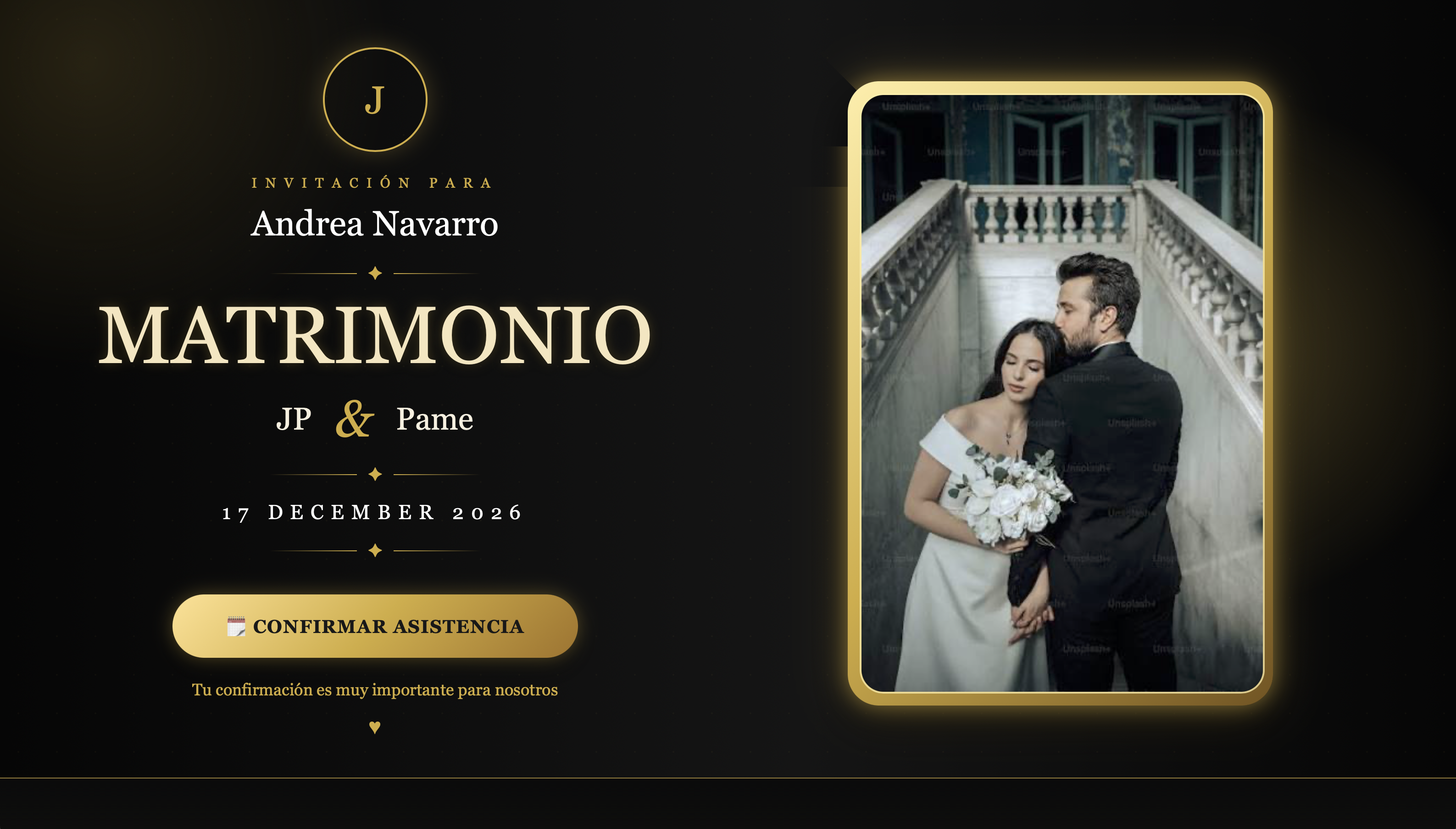 Invitación digital de boda. Negro Gold.